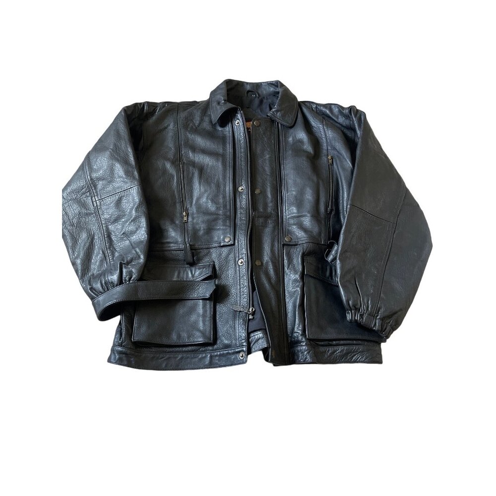 USA Men's Black Leather 90s Biker Thick Heavy Belt Jacket Vintage Retro Size L